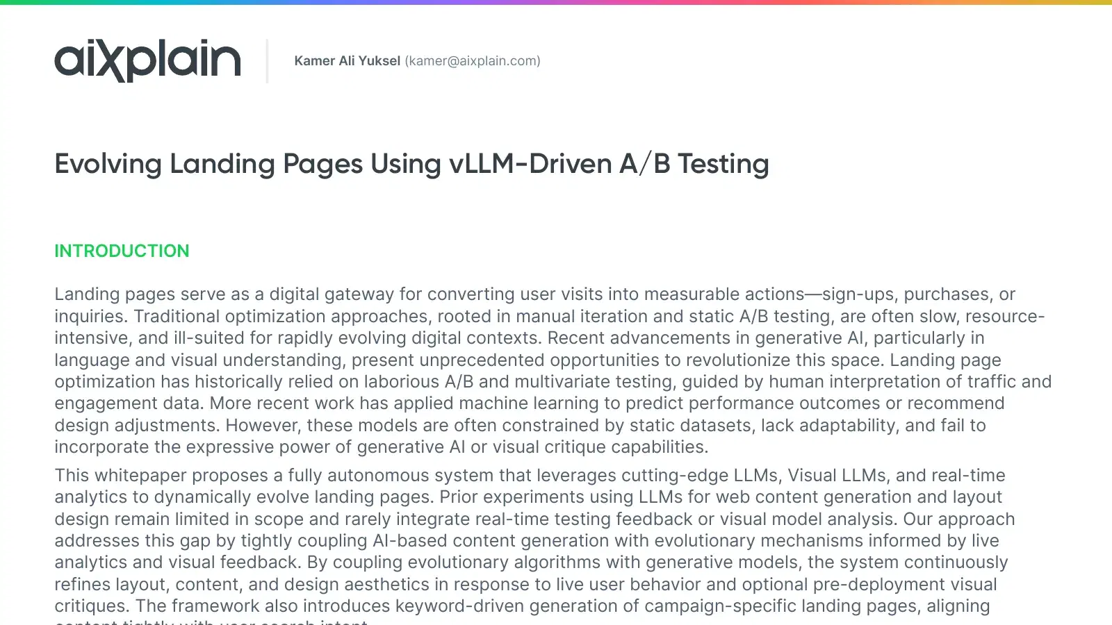 First page of the whitepaper Evolving Landing Pages Using vLLM-Driven A/B Testing