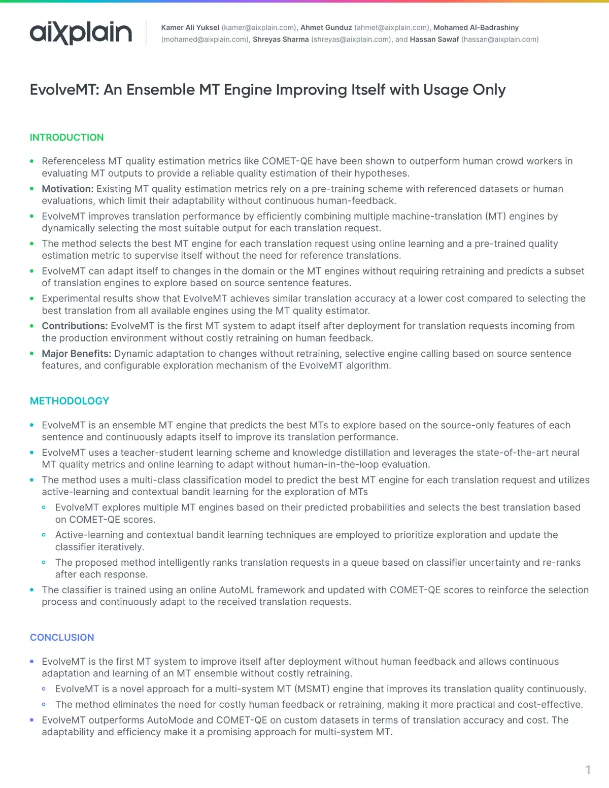 First page of EvolveMT: An Ensemble MT Engine Improving Itself with Usage Only