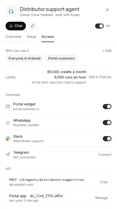 An agent's access in the aixplain app: who can use it, its credit and run limits, its channels, and its API endpoint and keys