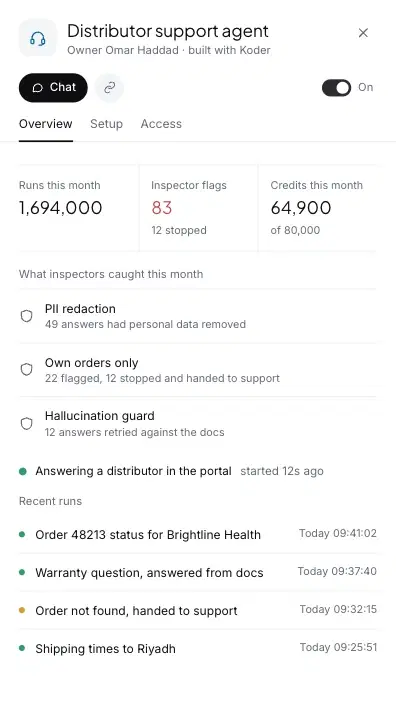 An agent's overview in the aixplain app: runs, inspector flags and credits this month, what inspectors caught, and recent runs