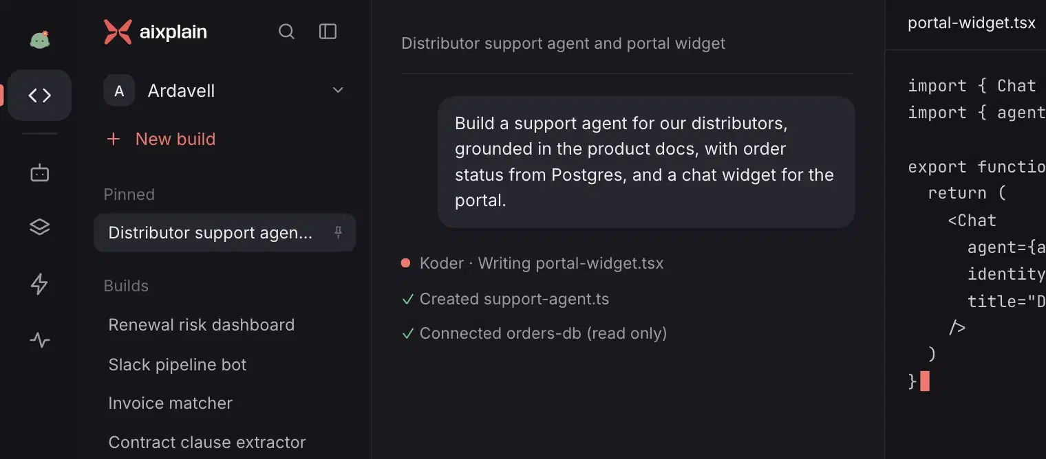 Koder in the aixplain app, building a support agent and writing its portal widget