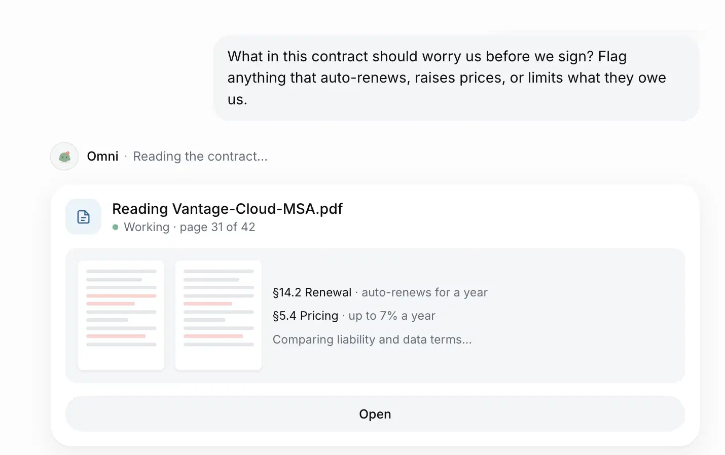 Omni in the aixplain app, reading a 42-page contract to flag the clauses that auto-renew or raise prices