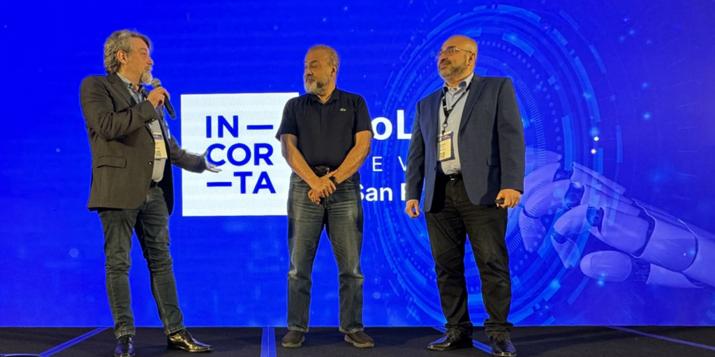 CEOs Hassan Sawaf of aiXplain, Amr Awadallah of Vectara, and Osama Elkady of Incorta take the stage at the Incorta NoLimits event