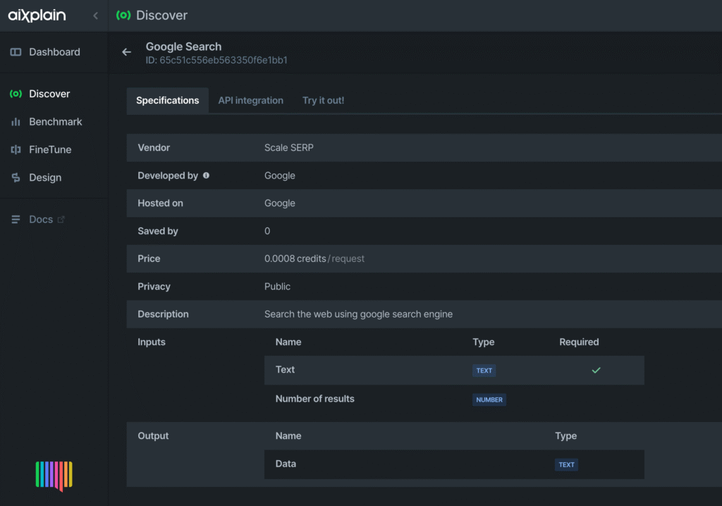 Discover on aiXplain Studio view of Google Search tool, used as part of an AI job post generator workflow